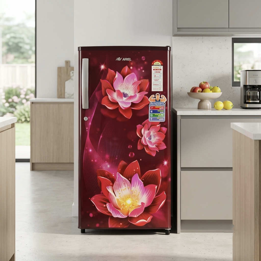 AREL 180L Direct Cool Single Door Refrigerator (Floral Red)